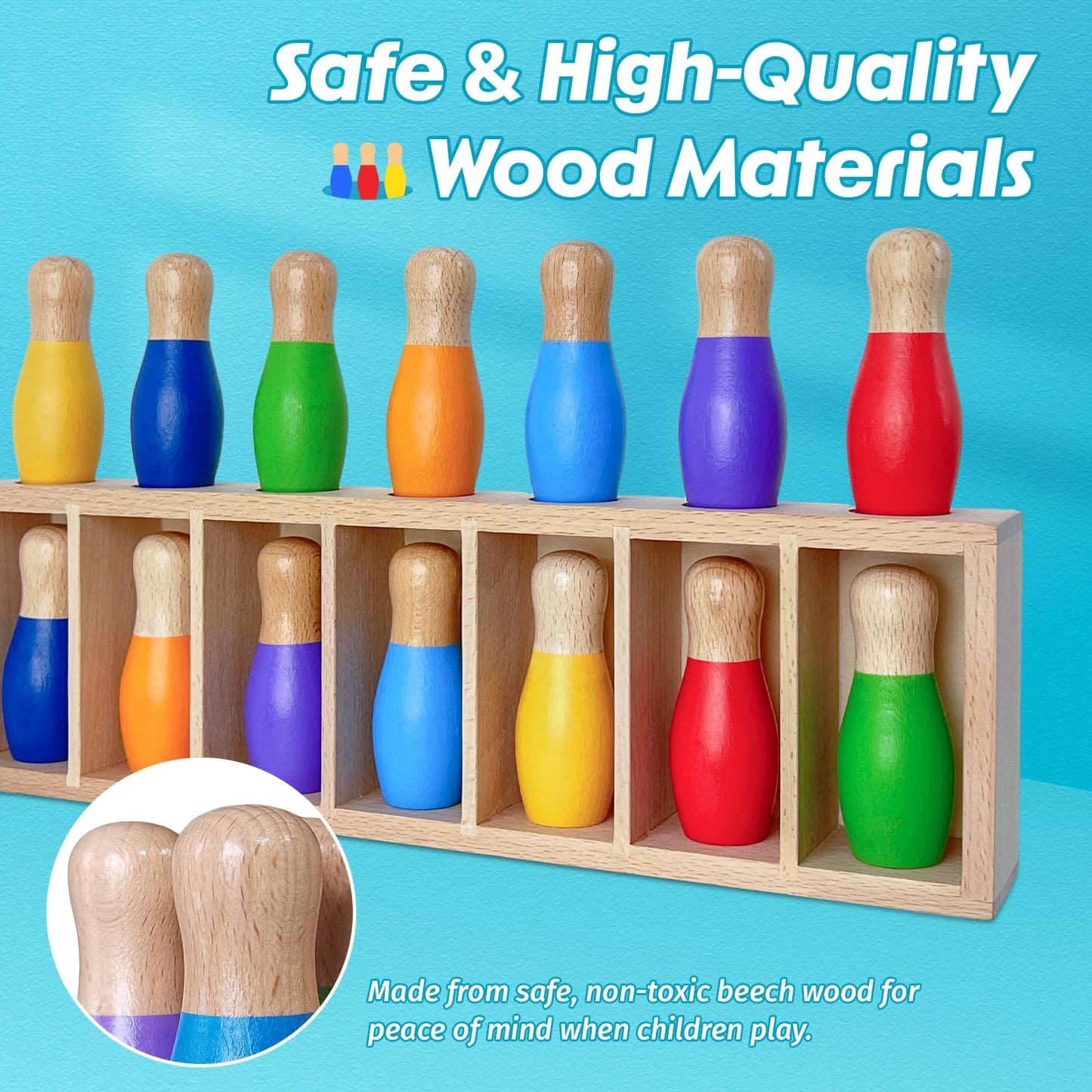 Pamexin Family Games for Kids | Wooden Bowling Color Match with 7 Pins & Storage Bag