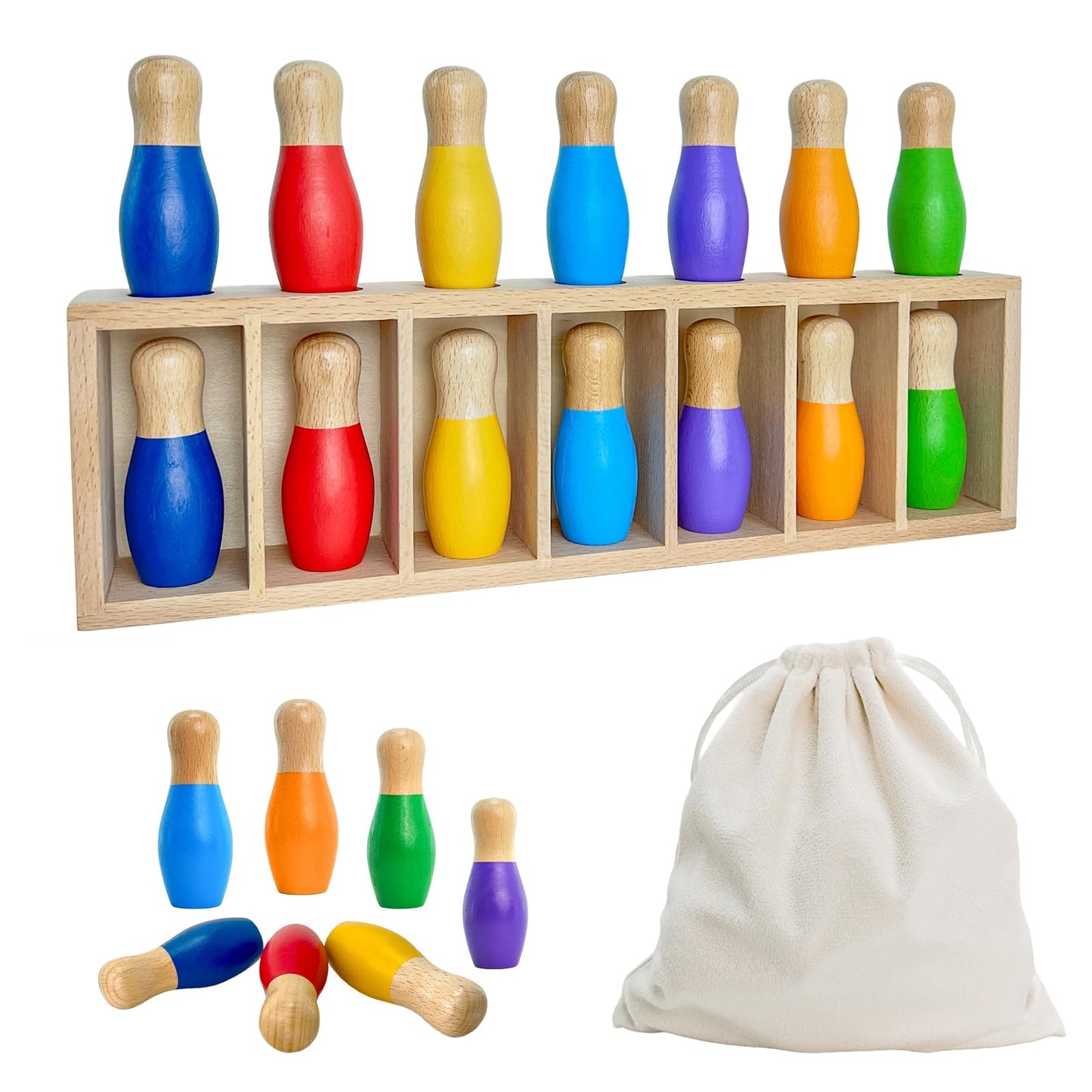 Pamexin Family Games for Kids | Wooden Bowling Color Match with 7 Pins & Storage Bag