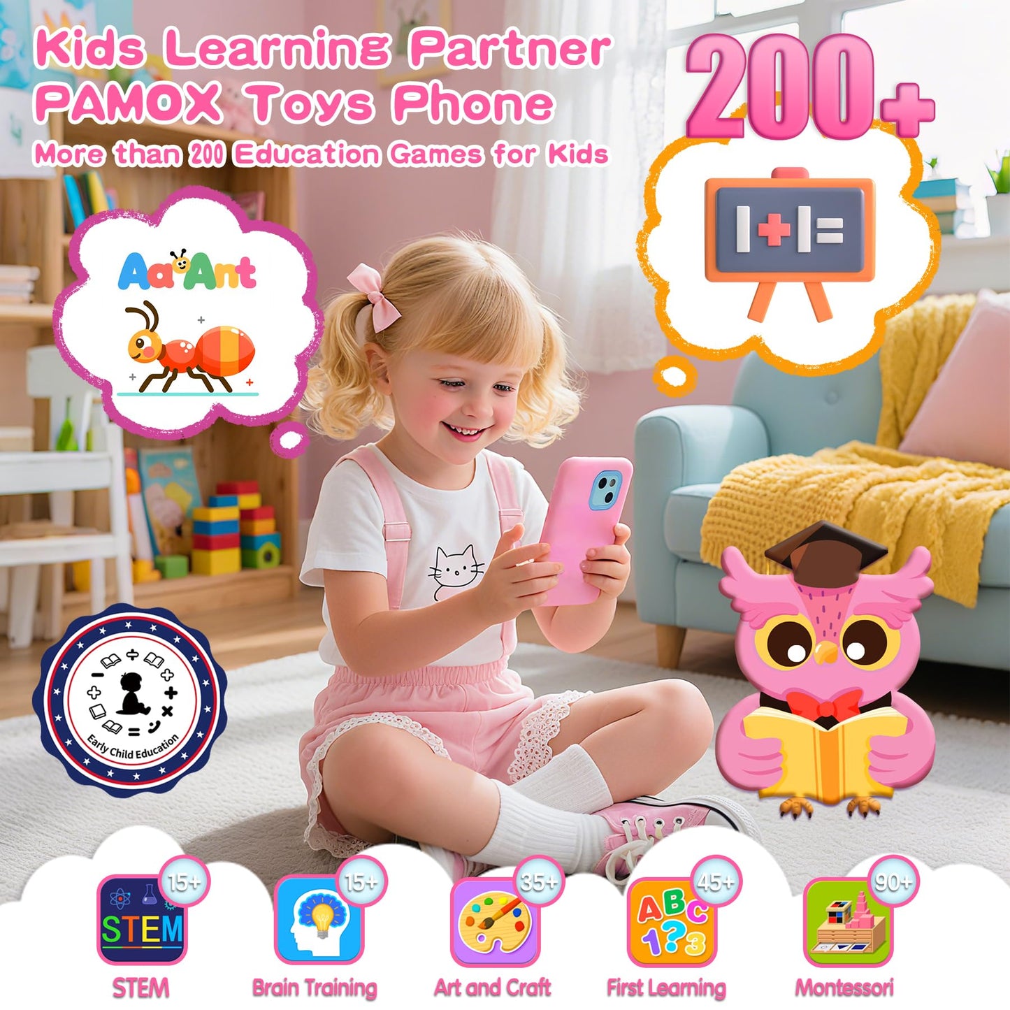 PAMOX Kids Toy Phones – 200+ Educational Games, Dual Camera, Parental Controls, 4-Inch Touchscreen (Pink)