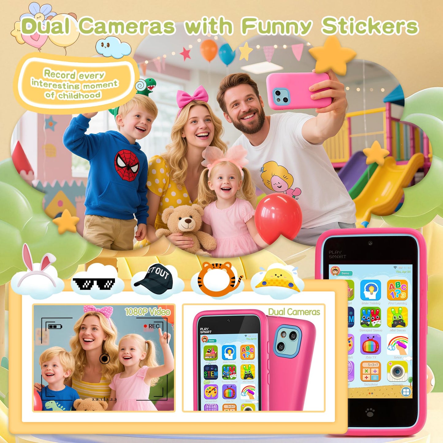 PAMOX Kids Toy Phones – 200+ Educational Games, Dual Camera, Parental Controls, 4-Inch Touchscreen (Pink)