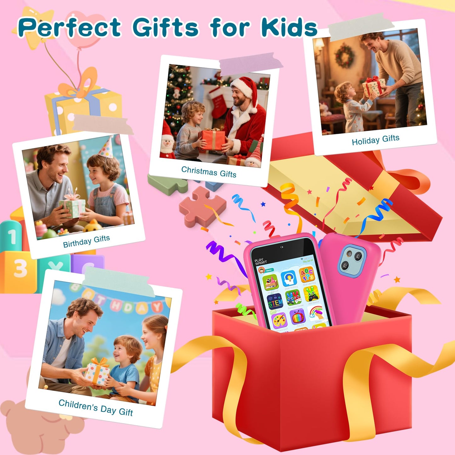 PAMOX Kids Toy Phones – 200+ Educational Games, Dual Camera, Parental Controls, 4-Inch Touchscreen (Pink)