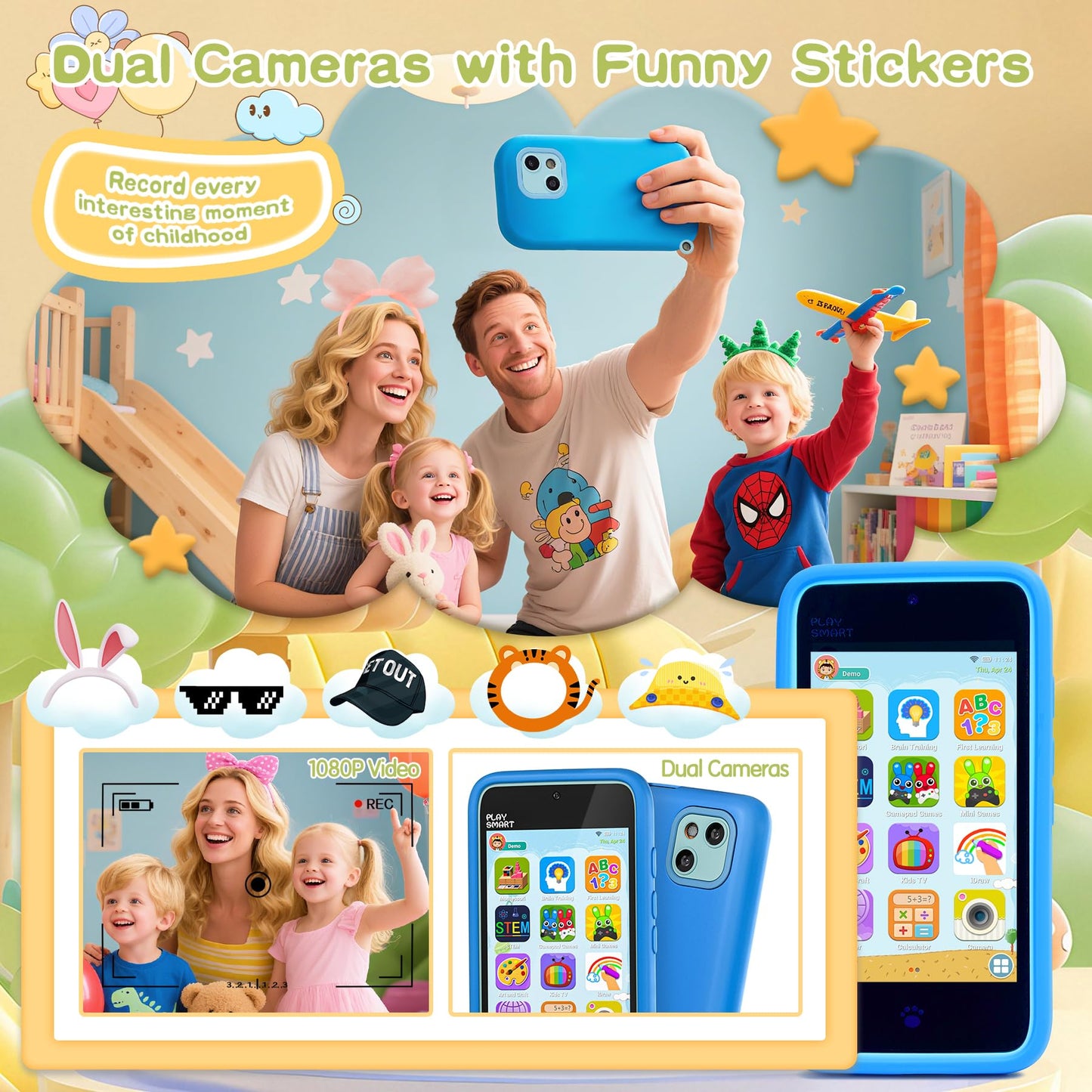 Pamox Kids Toy Phones with Dual Camera, 200+ Educational Games, Parental Control, 4-Inch Touchscreen