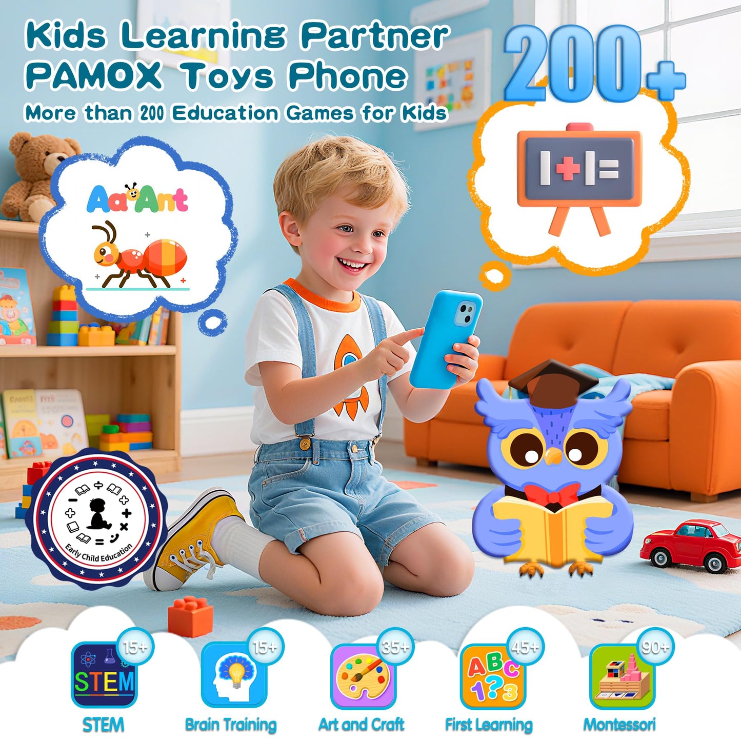 Pamox Kids Toy Phones with Dual Camera, 200+ Educational Games, Parental Control, 4-Inch Touchscreen