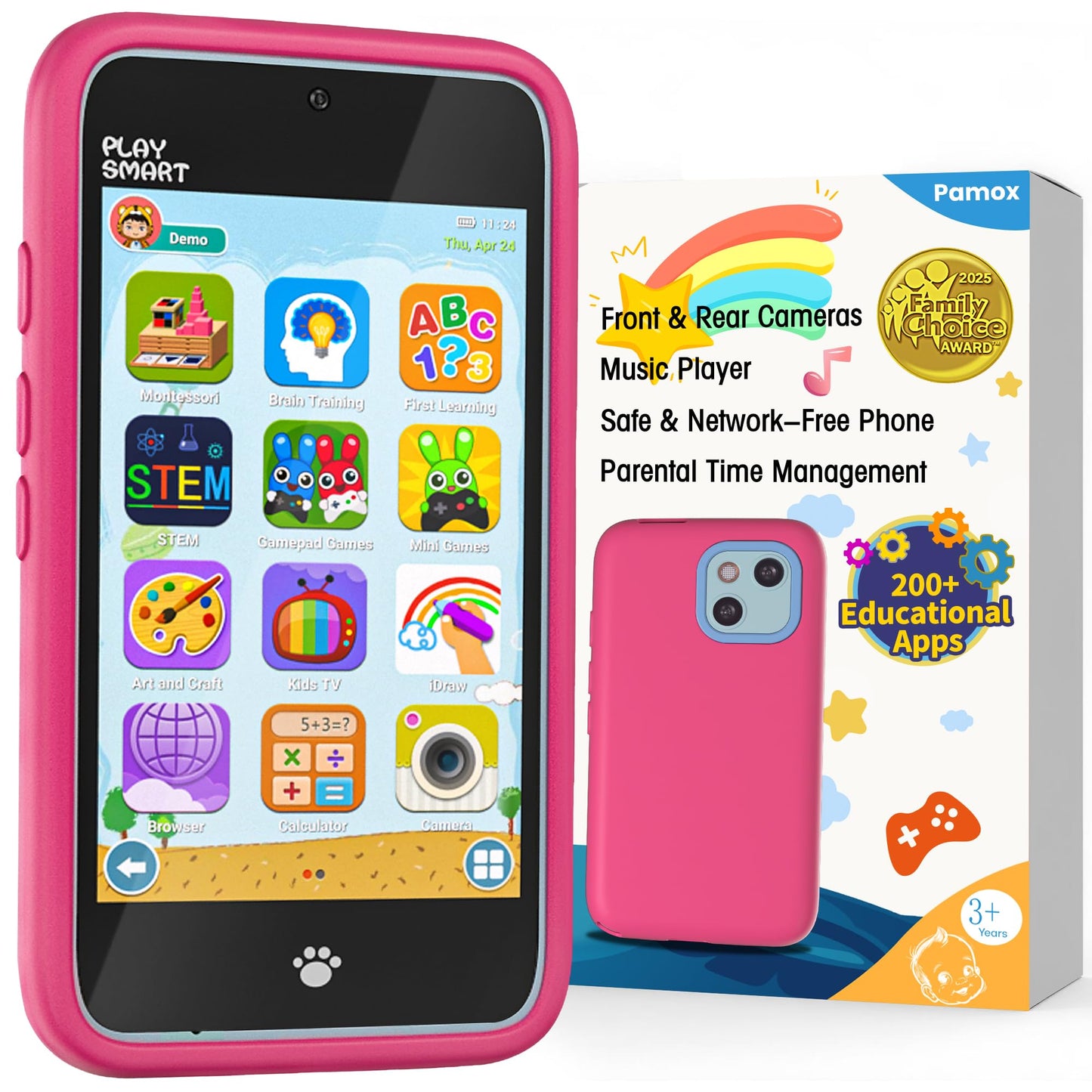 PAMOX Kids Toy Phones – 200+ Educational Games, Dual Camera, Parental Controls, 4-Inch Touchscreen (Pink)