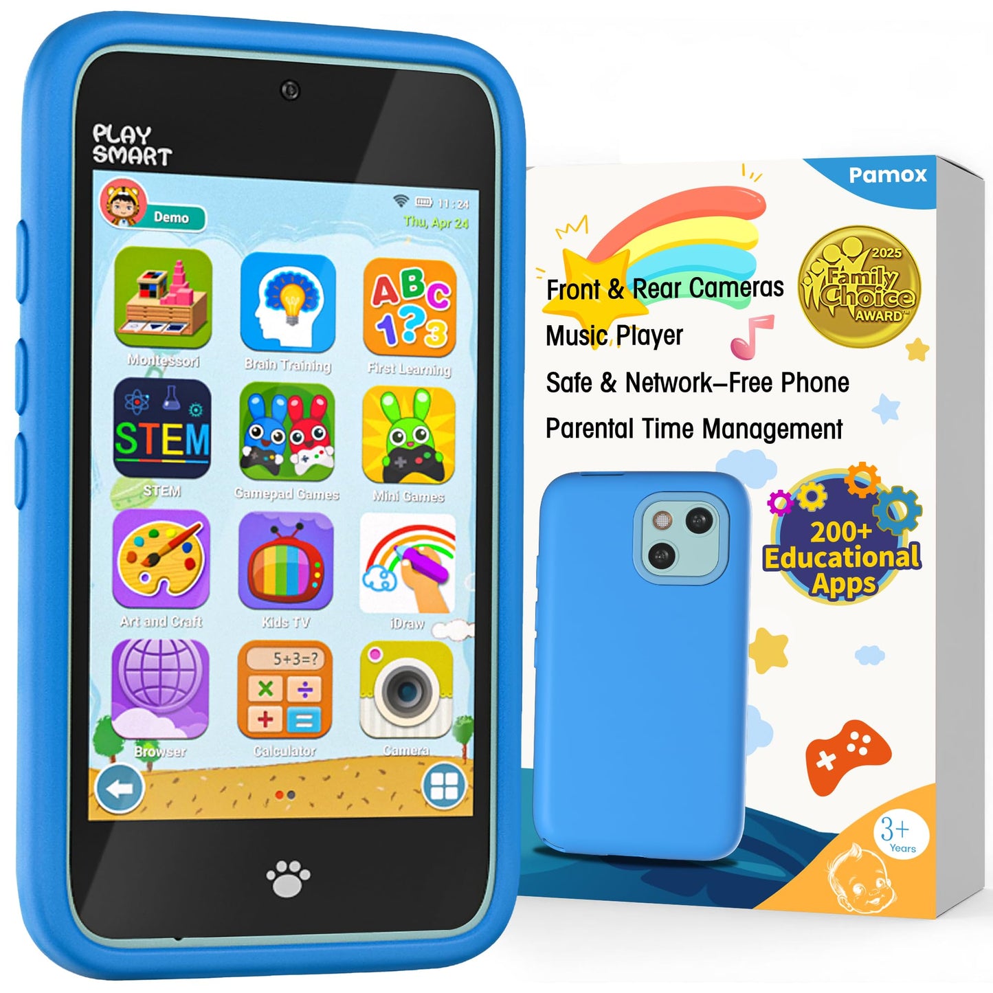 Pamox Kids Toy Phones with Dual Camera, 200+ Educational Games, Parental Control, 4-Inch Touchscreen