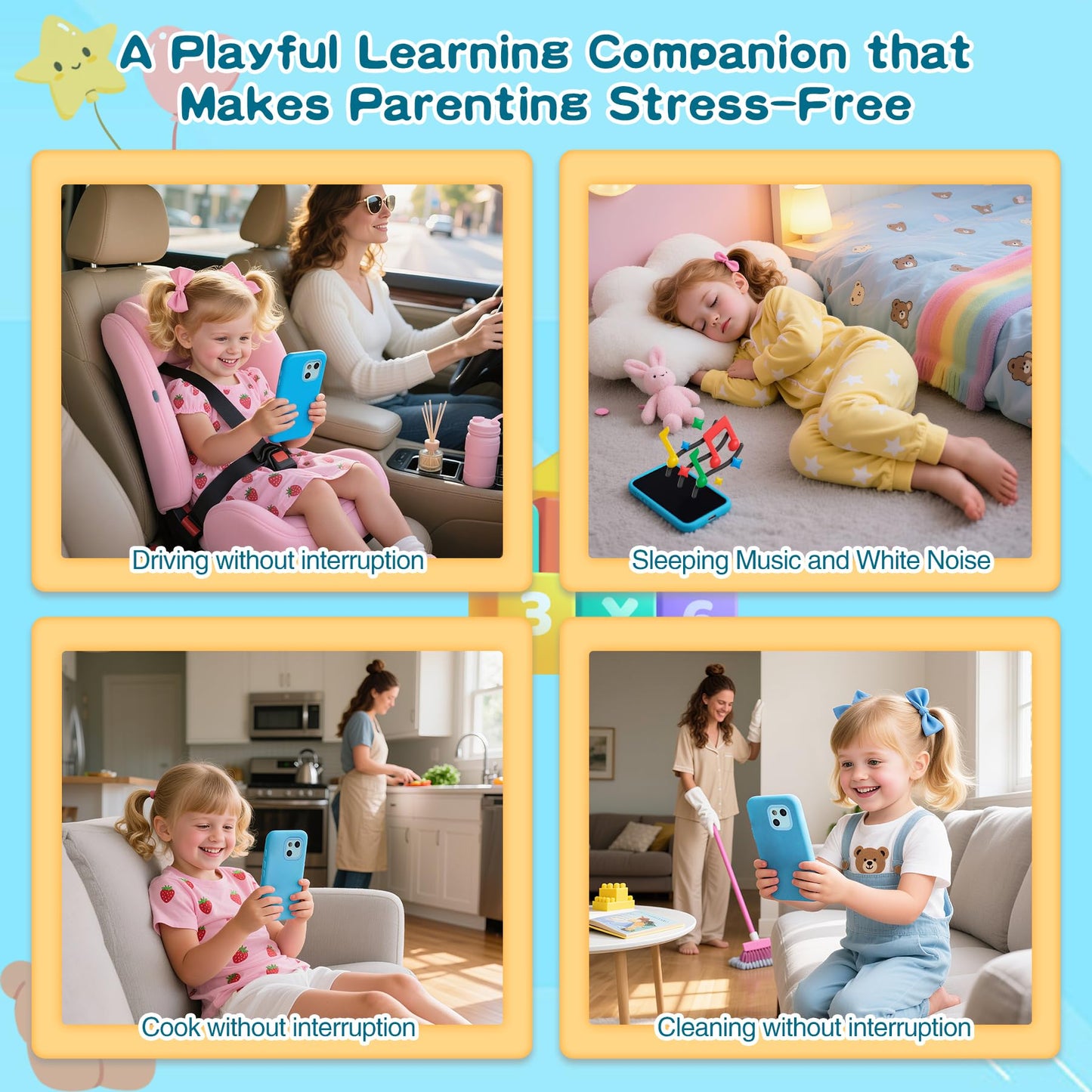 Pamox Kids Toy Phones with Dual Camera, 200+ Educational Games, Parental Control, 4-Inch Touchscreen