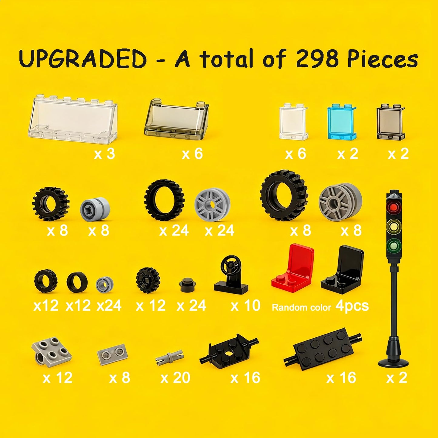 Pamvava 298-Piece Car Parts Set — Wheels, Axles, Tires, Windshields for STEM Play