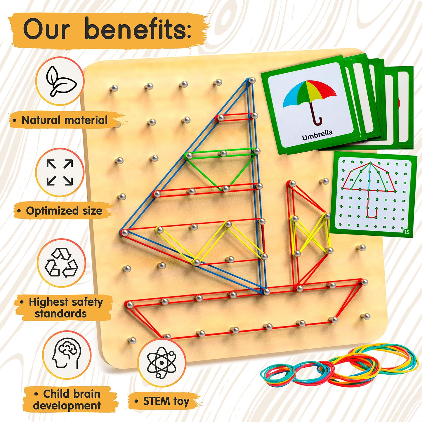 Panda Brothers Wooden Geoboard - Montessori STEM Toy for 3-5 Year Olds | 64 Nails, 30 Pattern Cards, 40 Rubber Bands