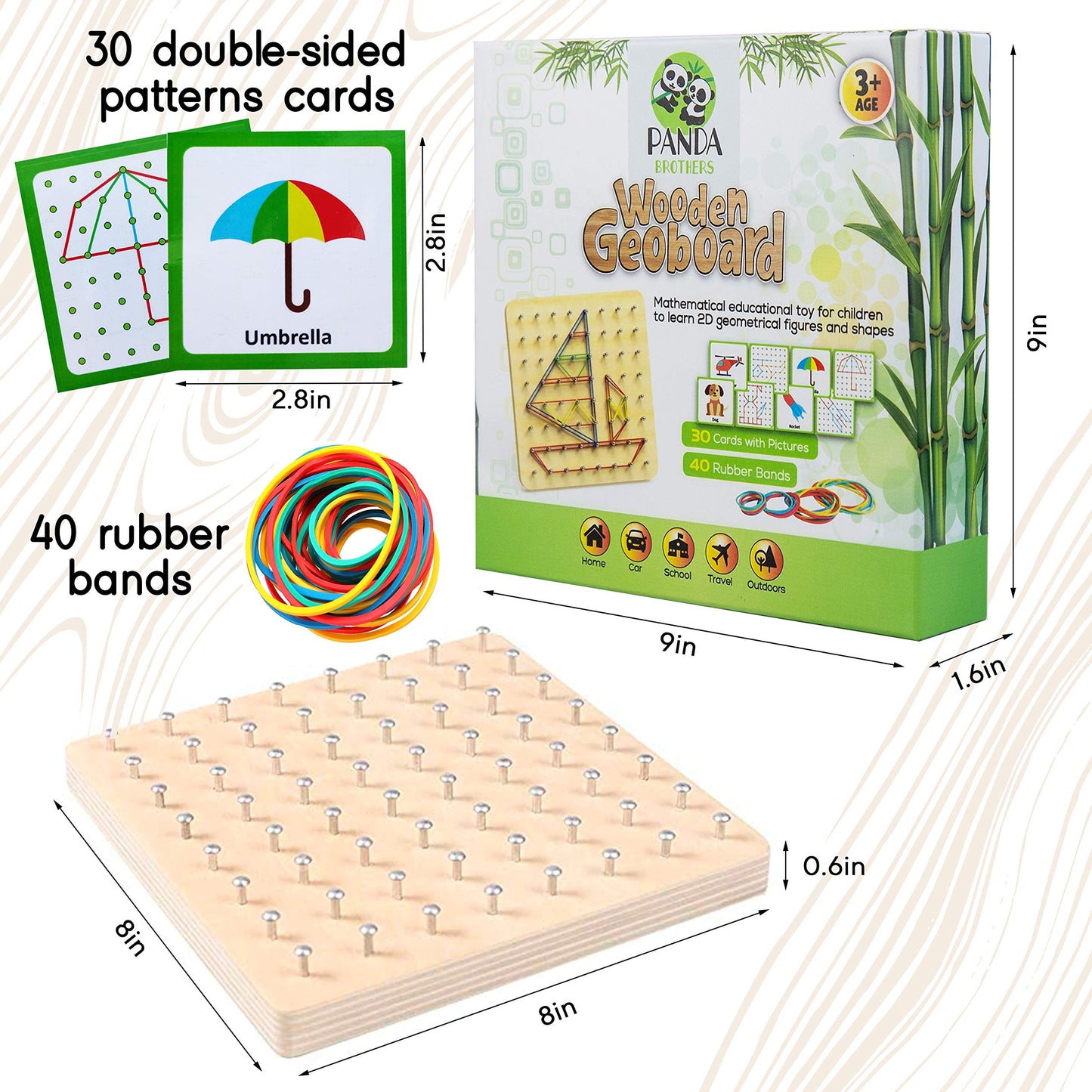 Panda Brothers Wooden Geoboard - Montessori STEM Toy for 3-5 Year Olds | 64 Nails, 30 Pattern Cards, 40 Rubber Bands