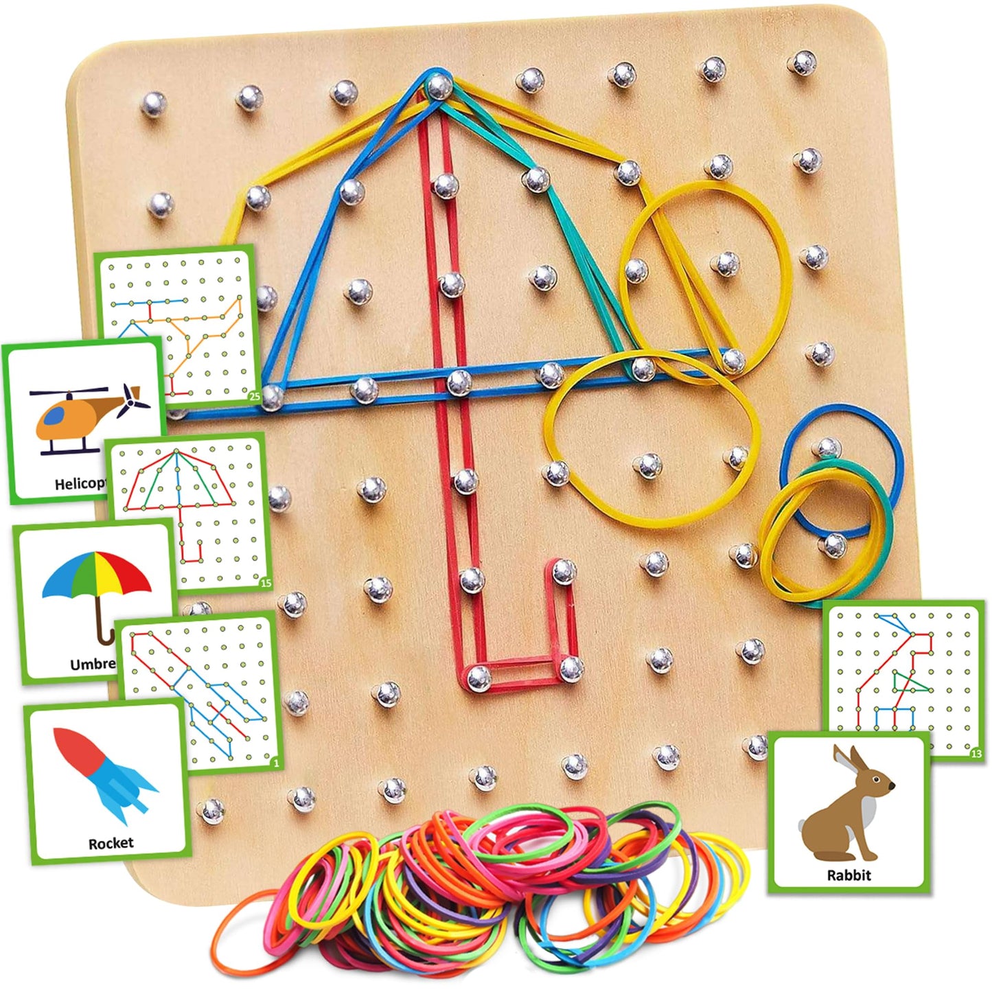 Panda Brothers Wooden Geoboard - Montessori STEM Toy for 3-5 Year Olds | 64 Nails, 30 Pattern Cards, 40 Rubber Bands
