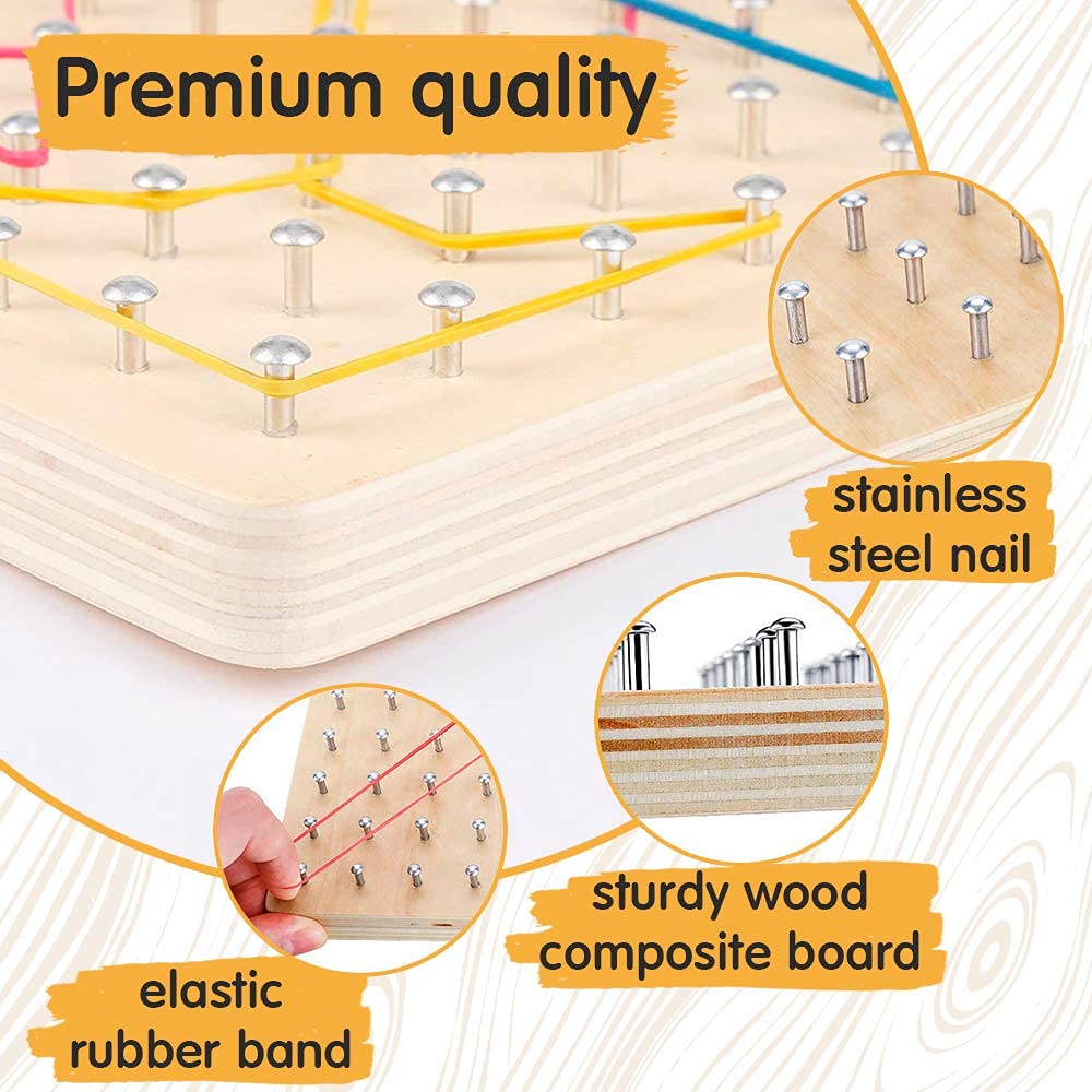 Panda Brothers Wooden Geoboard - Montessori STEM Toy for 3-5 Year Olds | 64 Nails, 30 Pattern Cards, 40 Rubber Bands