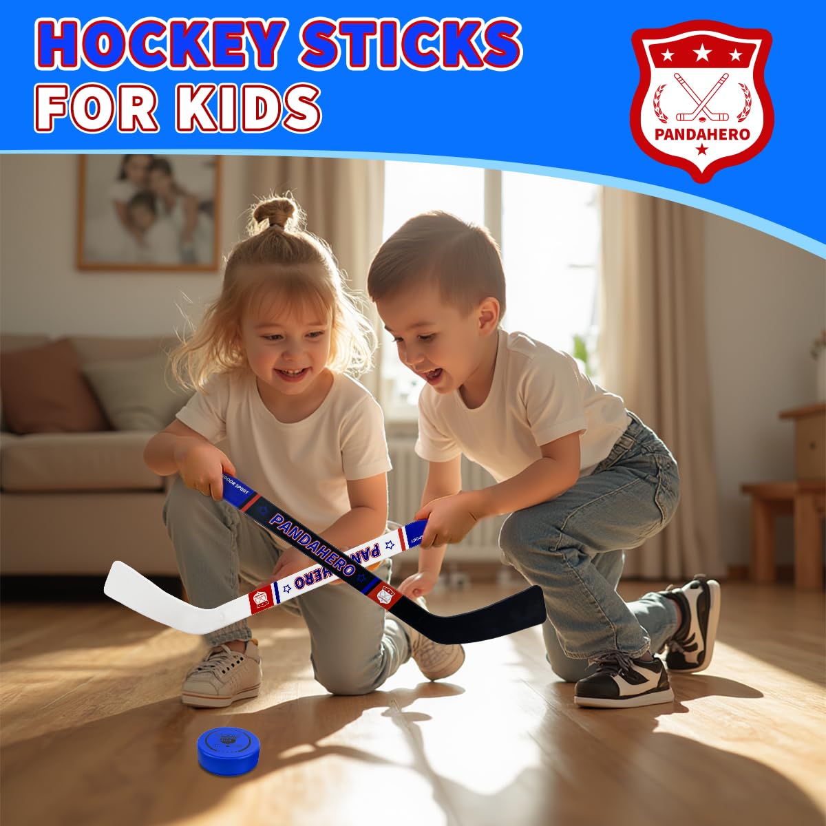 Pandahero Mini Knee Hockey Set for Kids – 4 Sticks, 6 Foam Balls & 6 Pucks