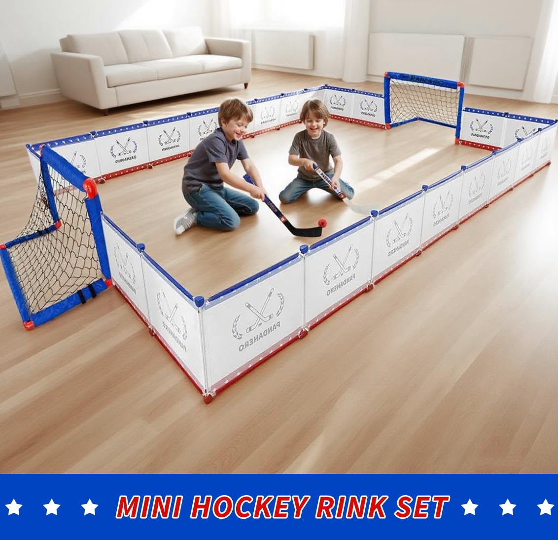 Pandahero Knee Hockey Rink Set – Indoor Hockey Fun for Kids (2 Nets, 4 Sticks, 6 Balls)