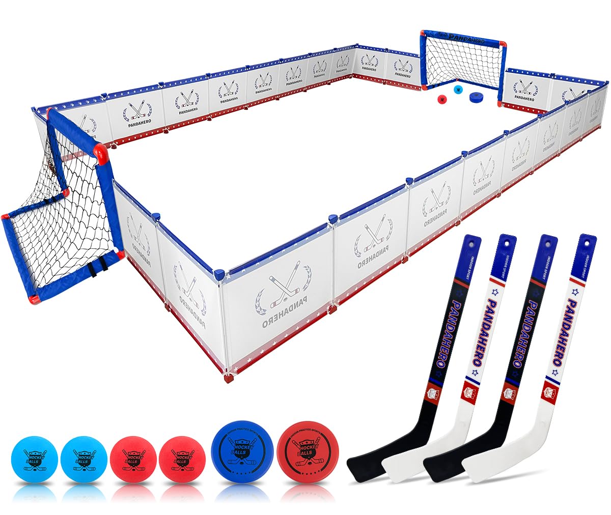 Pandahero Knee Hockey Rink Set – Indoor Hockey Fun for Kids (2 Nets, 4 Sticks, 6 Balls)