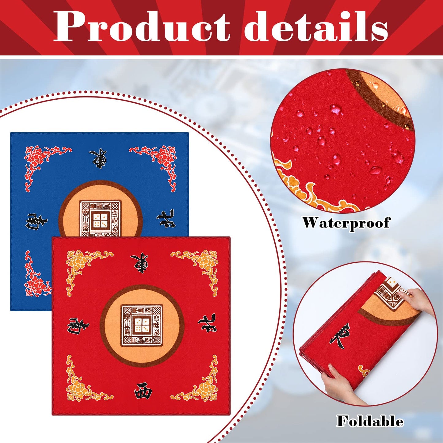 Panelee 2 Pcs Mahjong Mat Table Cover – Non-Slip, Noise-Reducing Gaming Mats (30.7 x 30.7 in) – Blue & Red