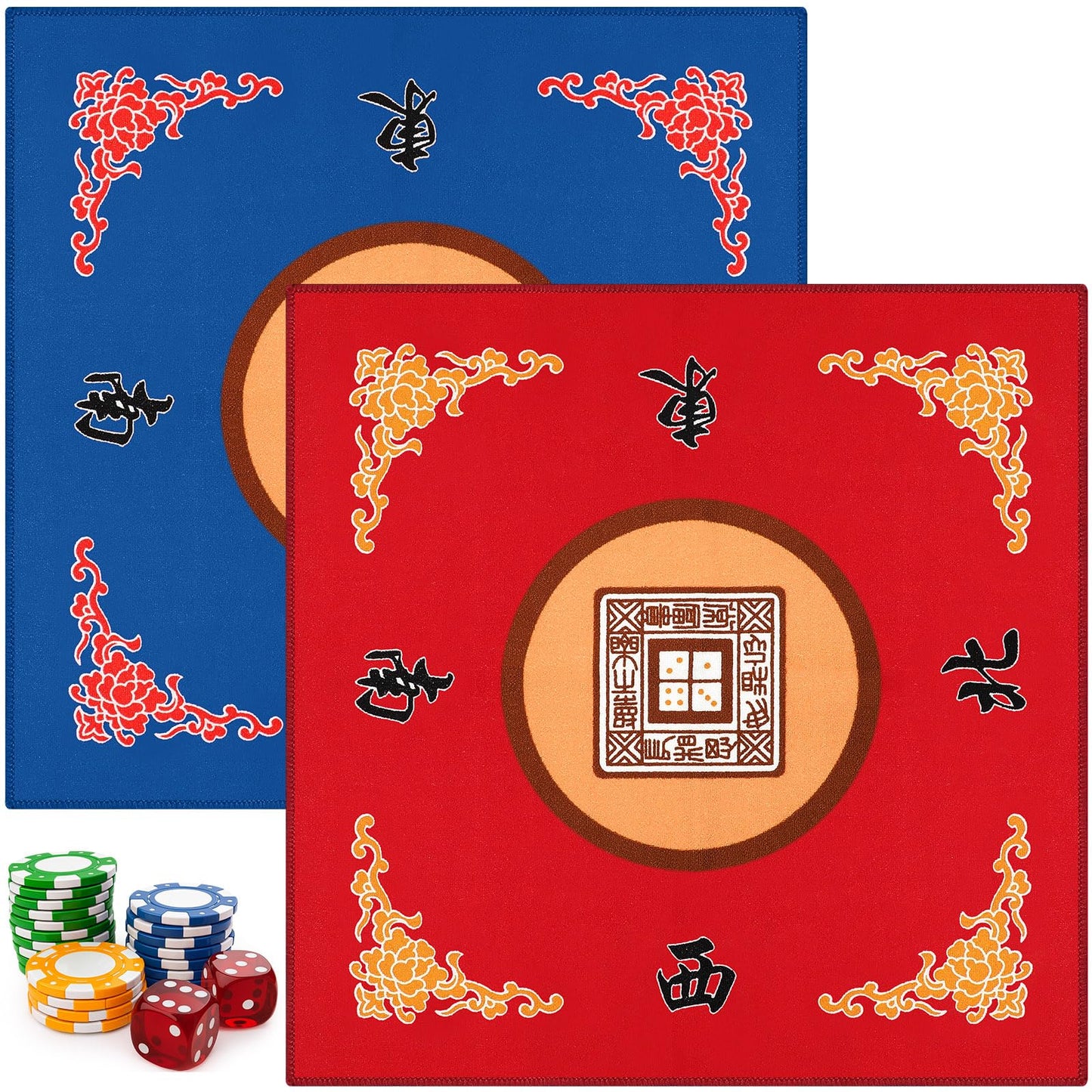 Panelee 2 Pcs Mahjong Mat Table Cover – Non-Slip, Noise-Reducing Gaming Mats (30.7 x 30.7 in) – Blue & Red