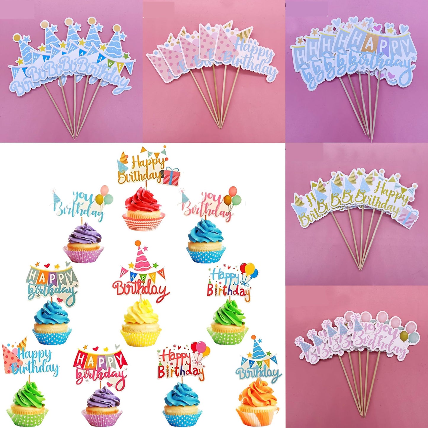 Pangogogo 50Pcs Happy Birthday Cupcake Toppers — 10 Styles Colorful Balloon Hats