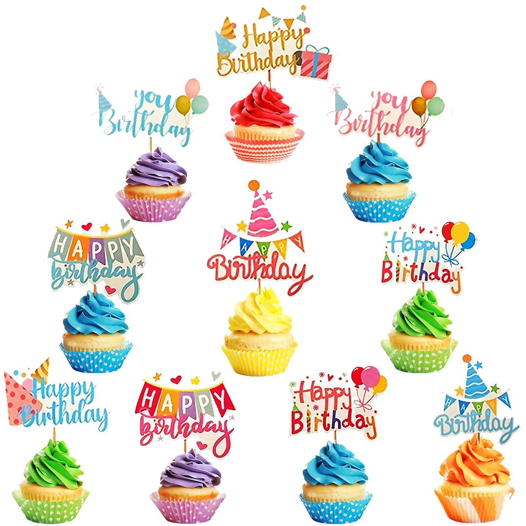 Pangogogo 50Pcs Happy Birthday Cupcake Toppers — 10 Styles Colorful Balloon Hats