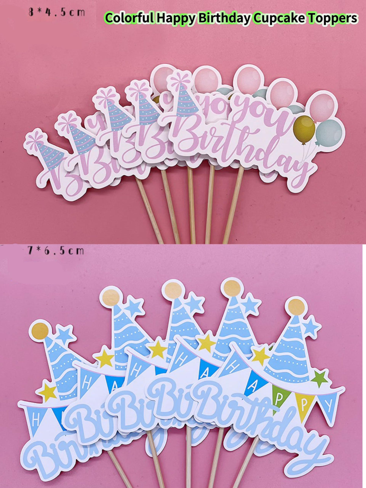 Pangogogo 50Pcs Happy Birthday Cupcake Toppers — 10 Styles Colorful Balloon Hats