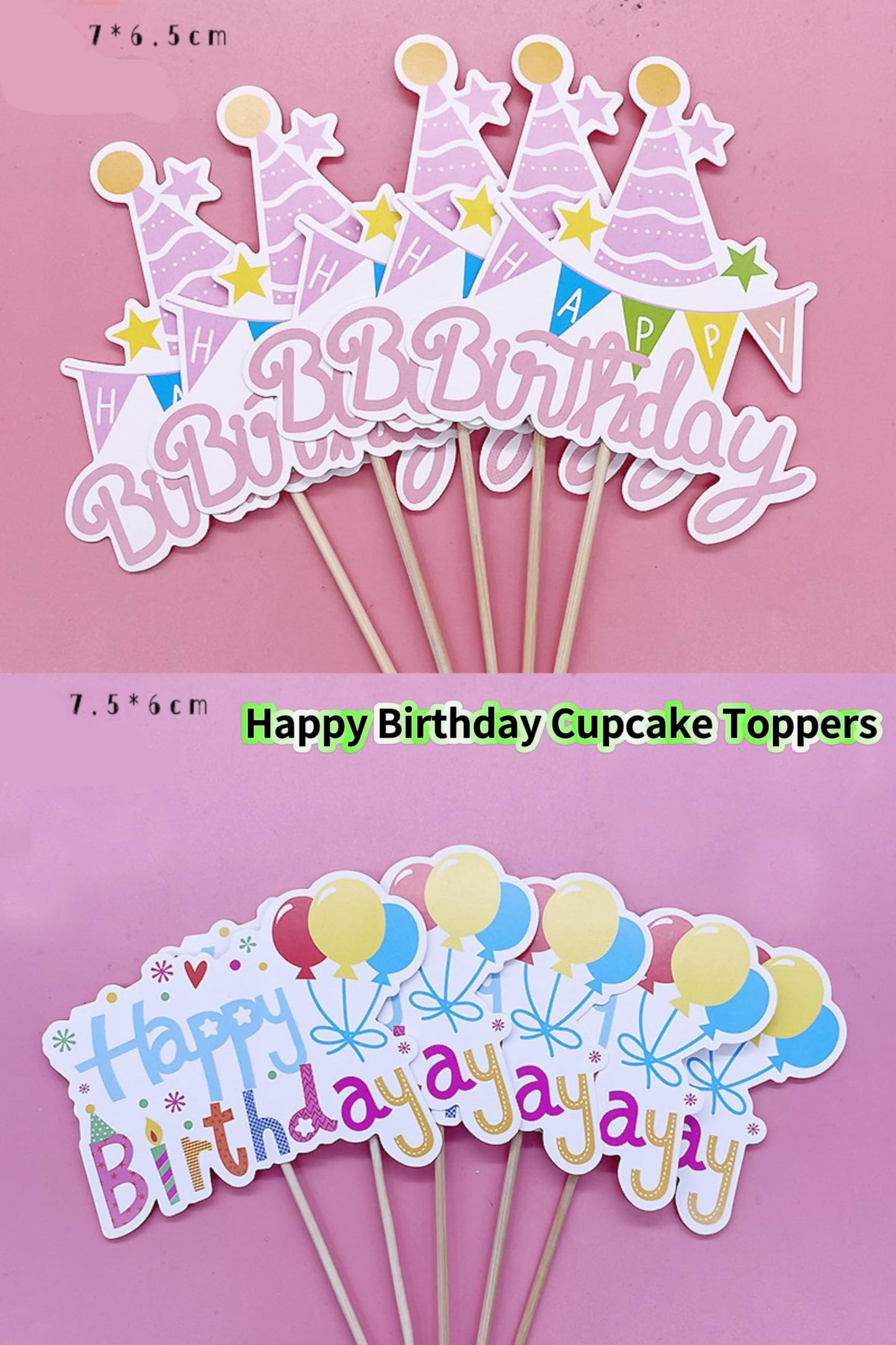 Pangogogo 50Pcs Happy Birthday Cupcake Toppers — 10 Styles Colorful Balloon Hats