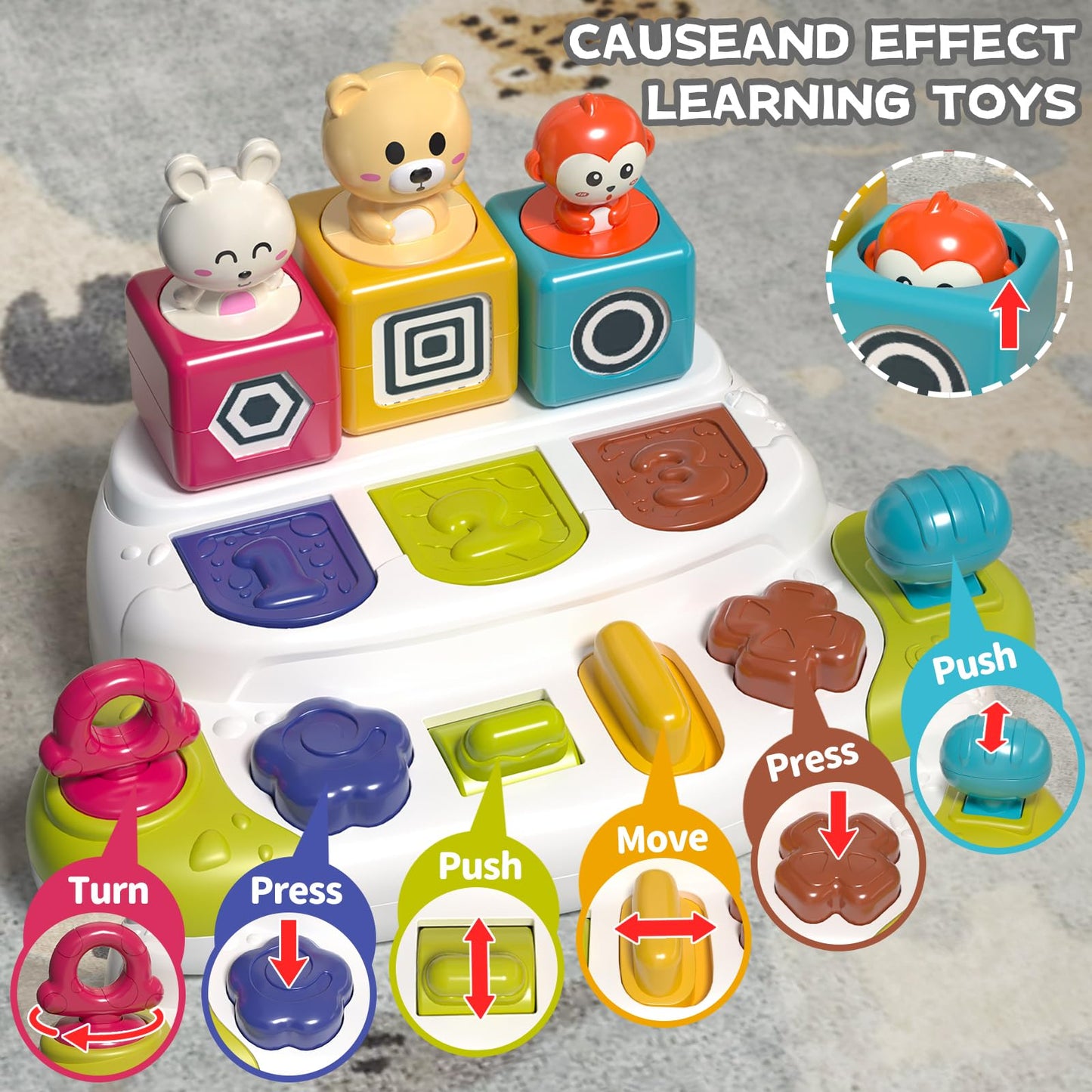 PANITU Baby Pop Up Animal Toys with Buttons & Colors – Montessori-Inspired Cause & Effect for 9 Months+