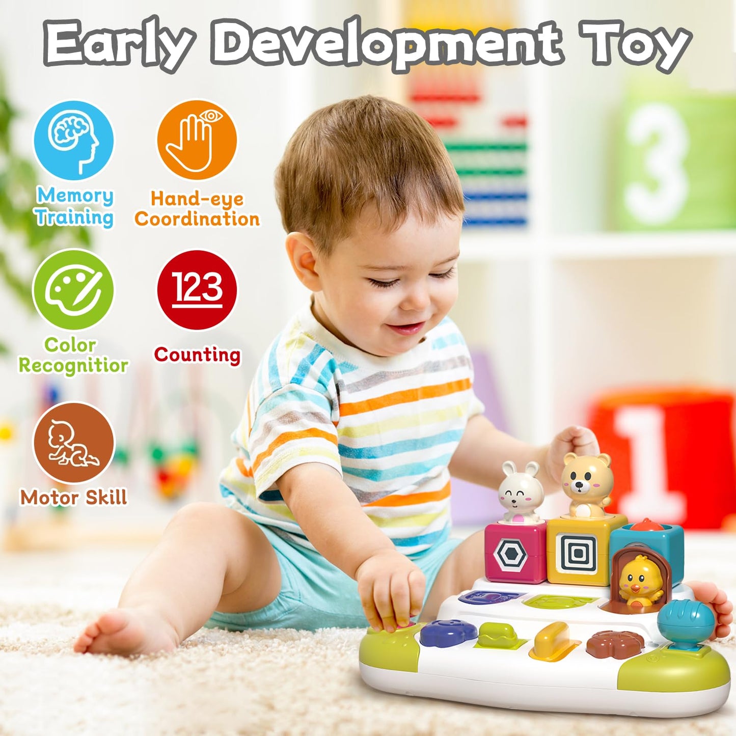 PANITU Baby Pop Up Animal Toys with Buttons & Colors – Montessori-Inspired Cause & Effect for 9 Months+
