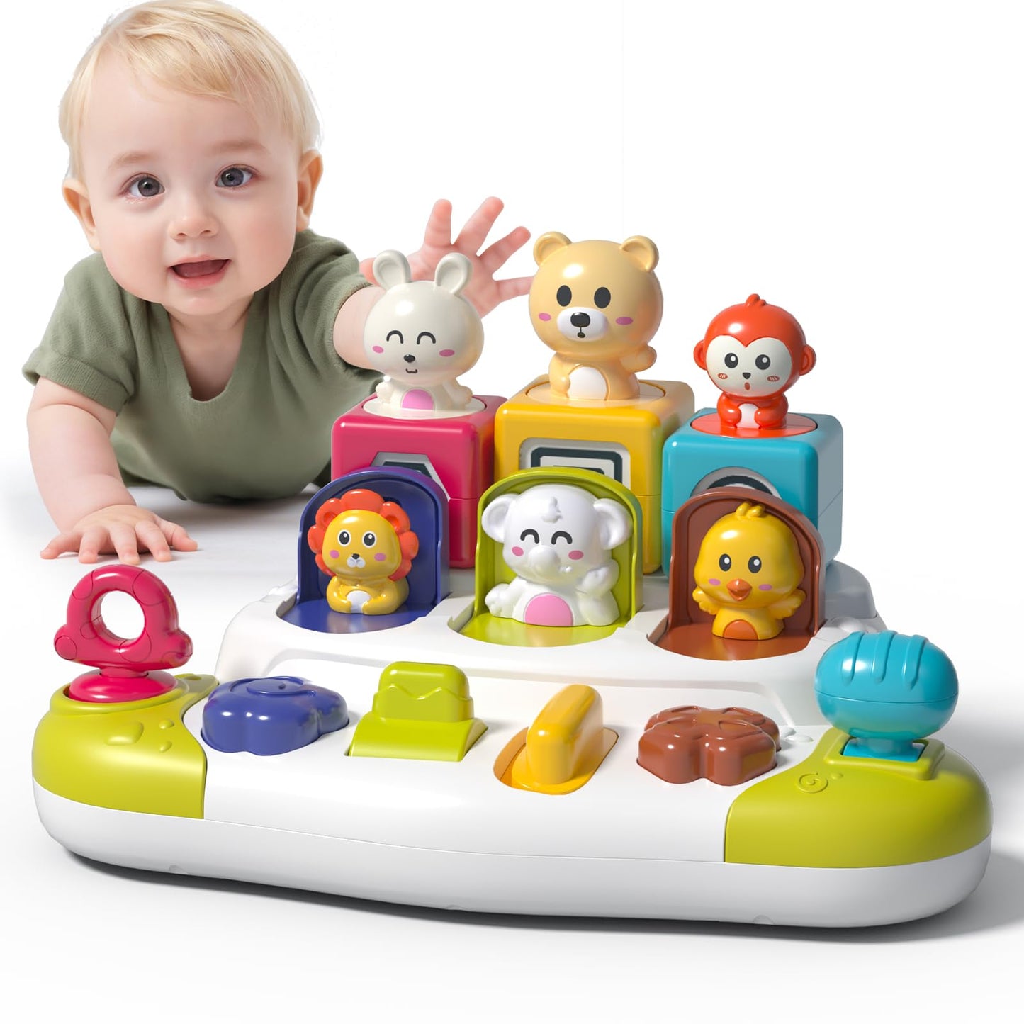 PANITU Baby Pop Up Animal Toys with Buttons & Colors – Montessori-Inspired Cause & Effect for 9 Months+