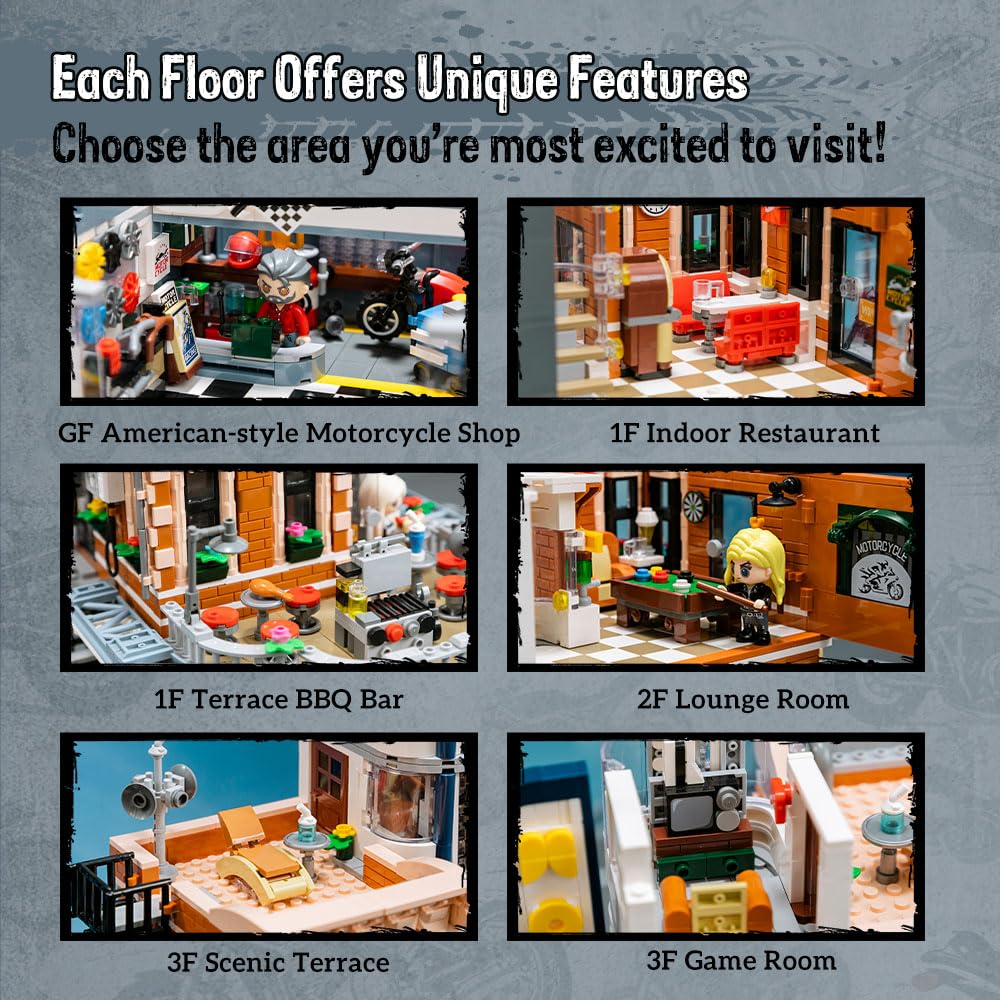 PANTASY Retro Motorcycle Diner & Bar Building Set – 4-Story Modular Corner with 4 Motorcycles & 5 Minifigures