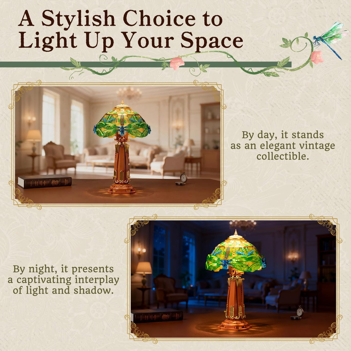 Pantasy Vintage-Style Dragonfly Floral Table Lamp | Stained Glass Build, USB-C