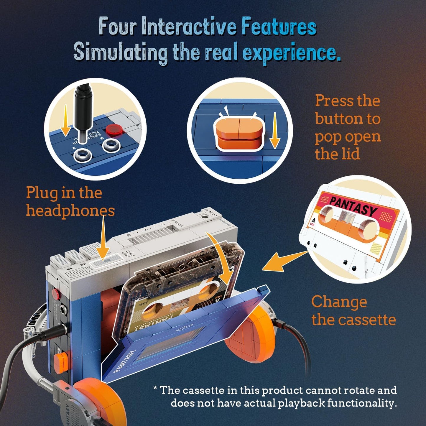 PANTASY Retro Cassette Player Building Set – Interchangeable Tapes, Headphones & Collectible Display