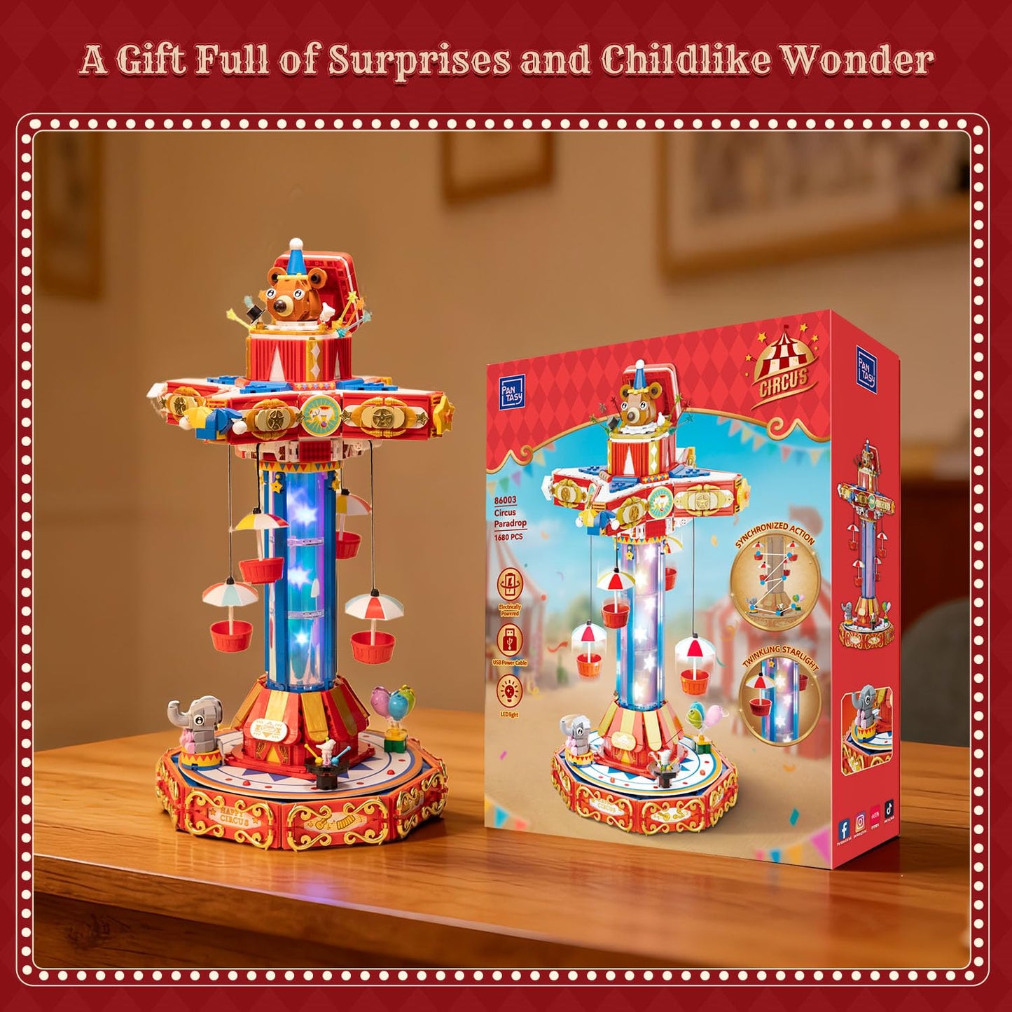 PANTASY Circus Paradrop Building Block Set — LED Lights, Motorized Ride, Type-C Powered Display