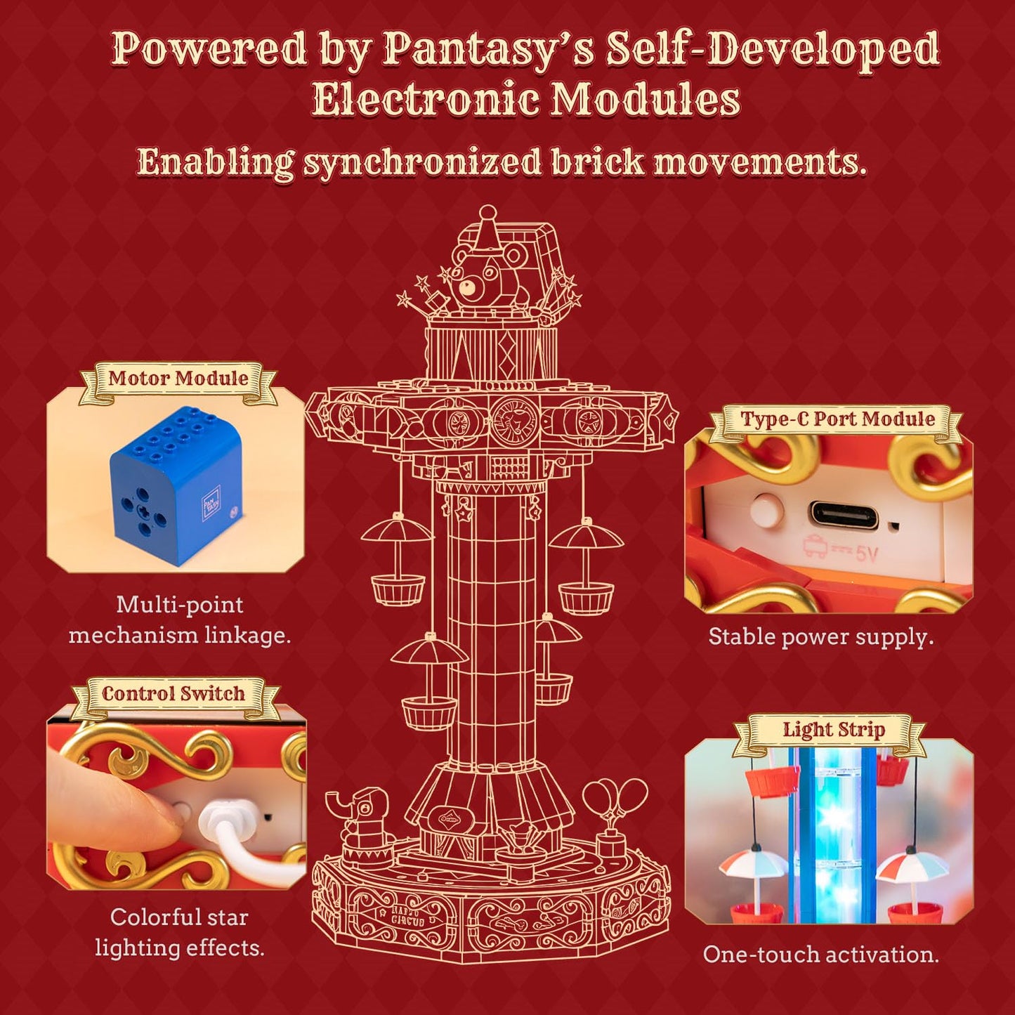 PANTASY Circus Paradrop Building Block Set — LED Lights, Motorized Ride, Type-C Powered Display