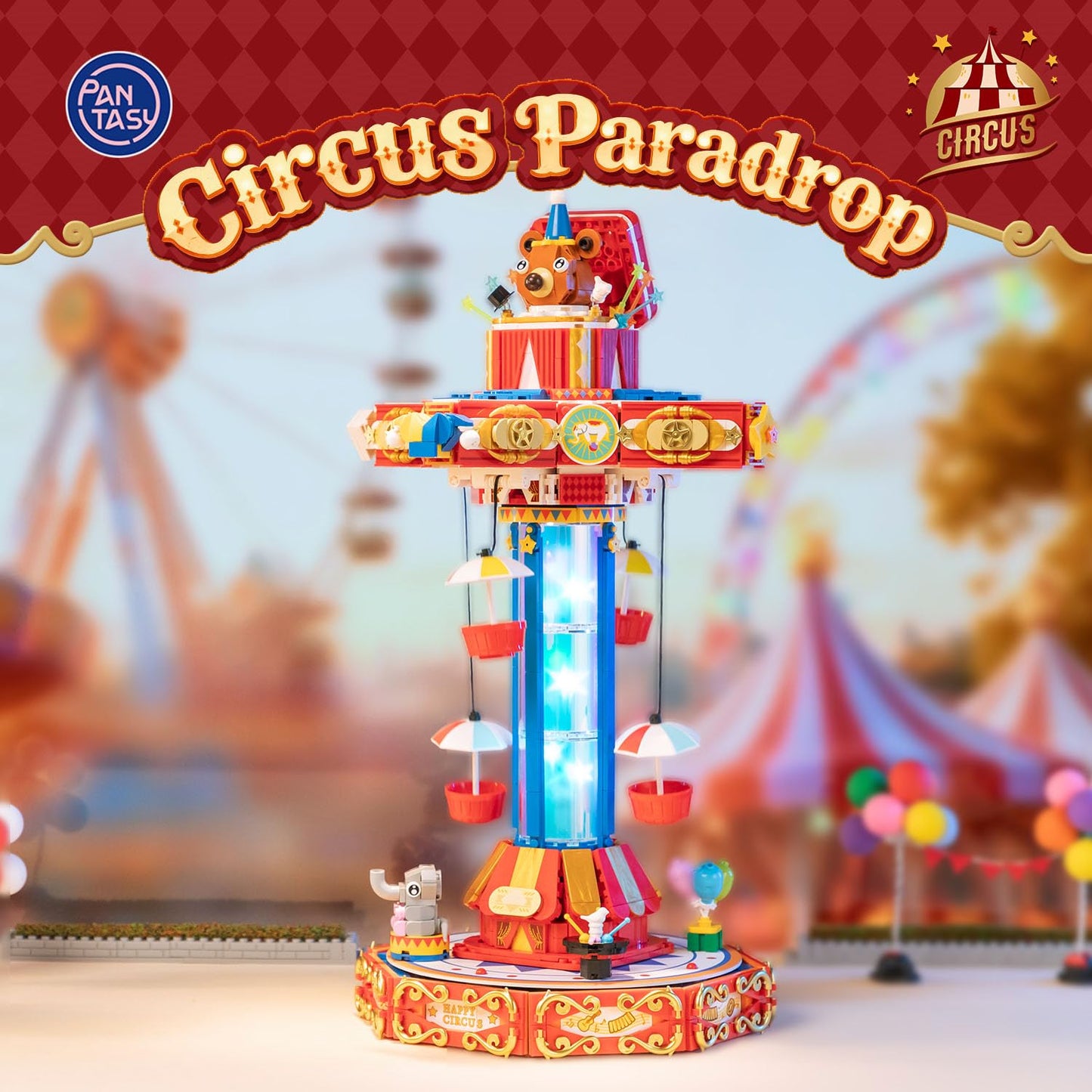 PANTASY Circus Paradrop Building Block Set — LED Lights, Motorized Ride, Type-C Powered Display