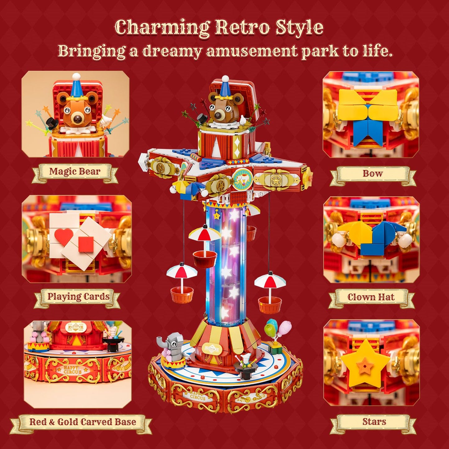 PANTASY Circus Paradrop Building Block Set — LED Lights, Motorized Ride, Type-C Powered Display