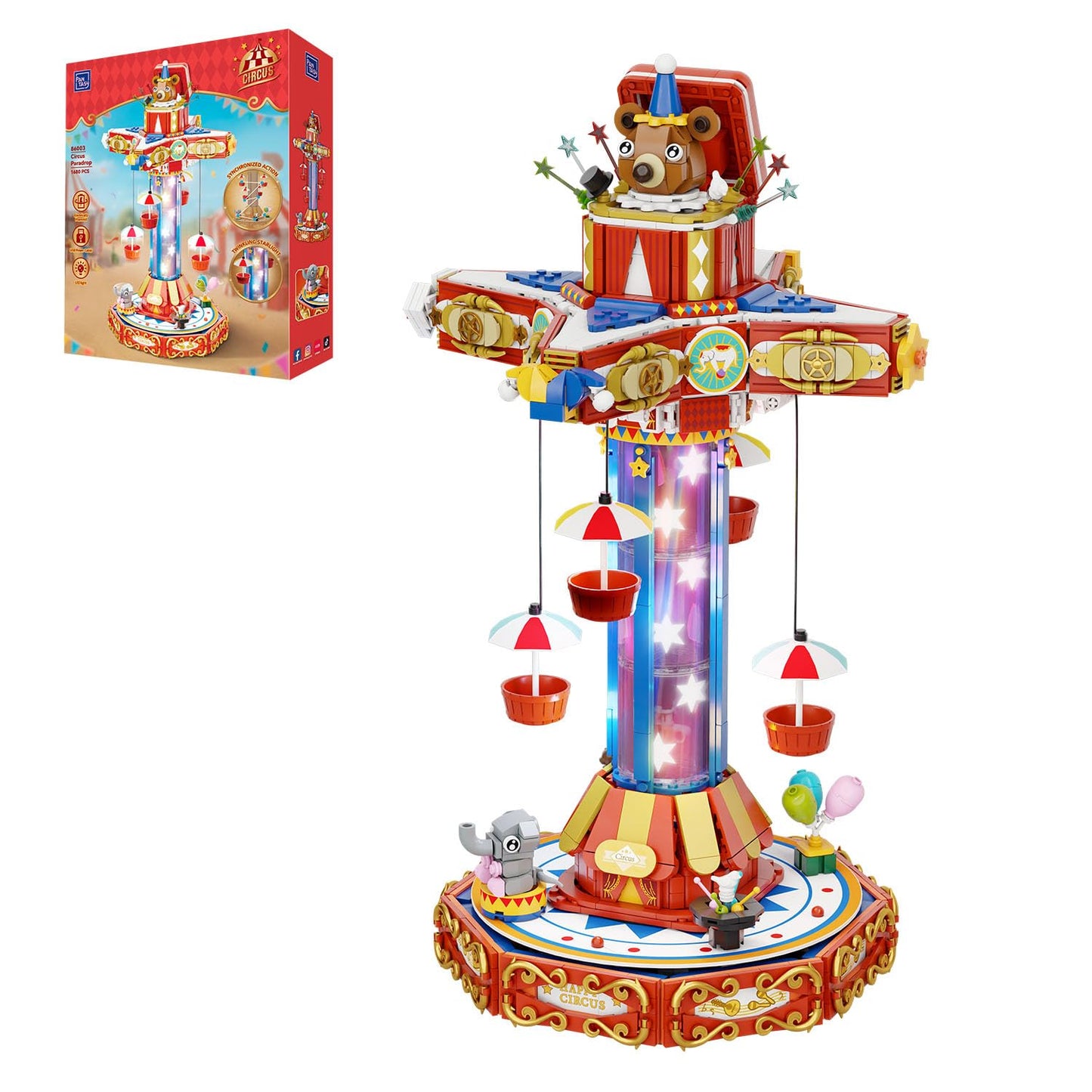 PANTASY Circus Paradrop Building Block Set — LED Lights, Motorized Ride, Type-C Powered Display