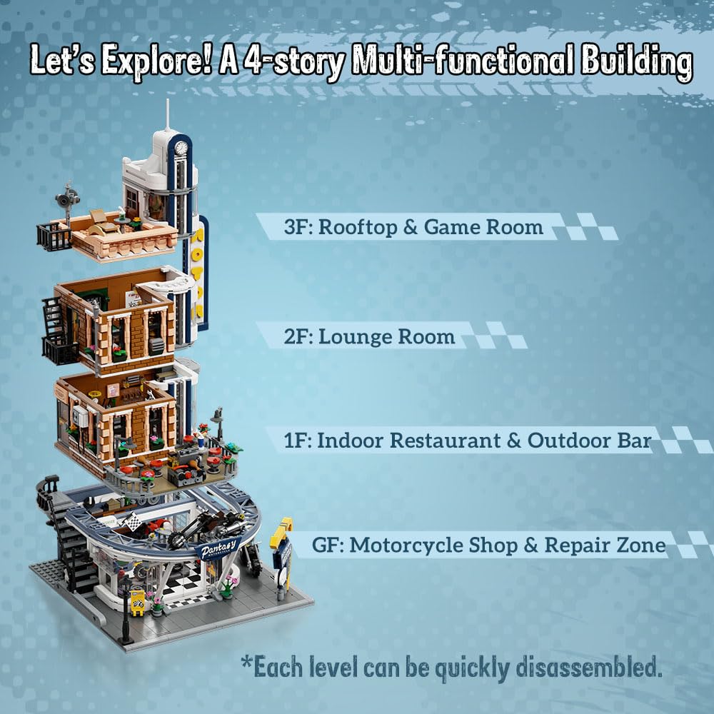 PANTASY Retro Motorcycle Diner & Bar Building Set – 4-Story Modular Corner with 4 Motorcycles & 5 Minifigures