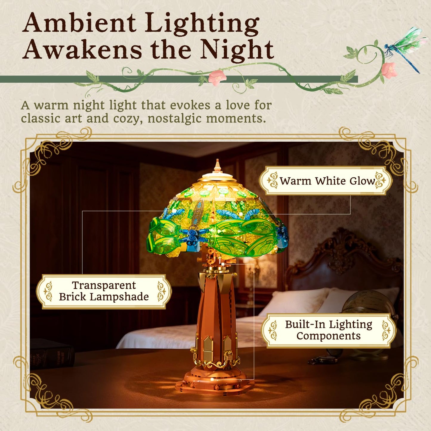 Pantasy Vintage-Style Dragonfly Floral Table Lamp | Stained Glass Build, USB-C