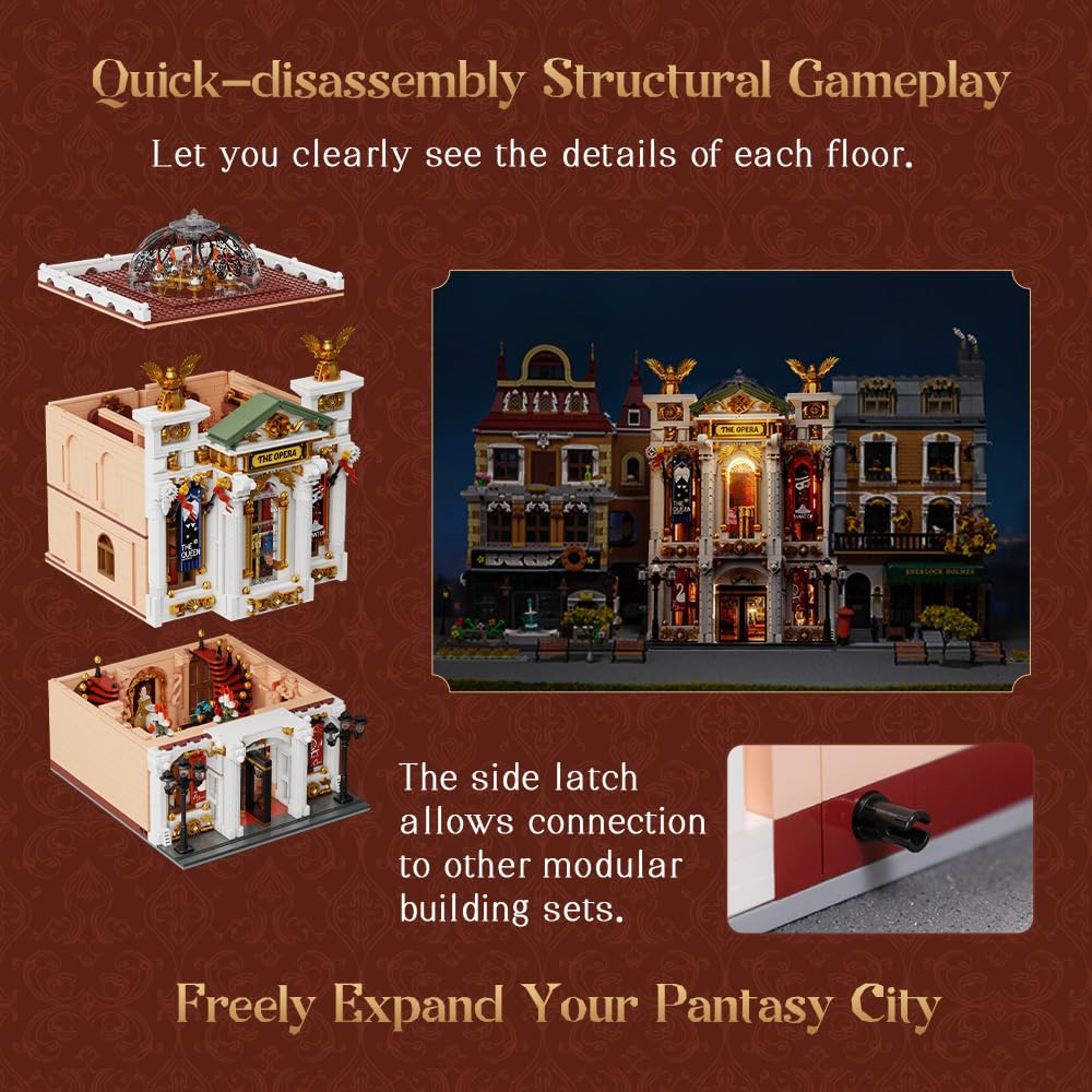 PANTASY Vintage European Grand Theater Building Set – Modular Model with Crystal Dome, LED Lighting & Expandable Street Scenes