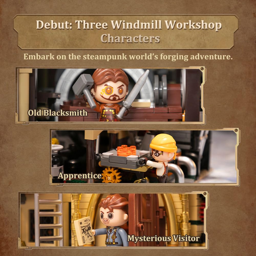 PANTASY Steampunk Windmill Workshop Building Set – Dutch Windmill with Motorized Blades