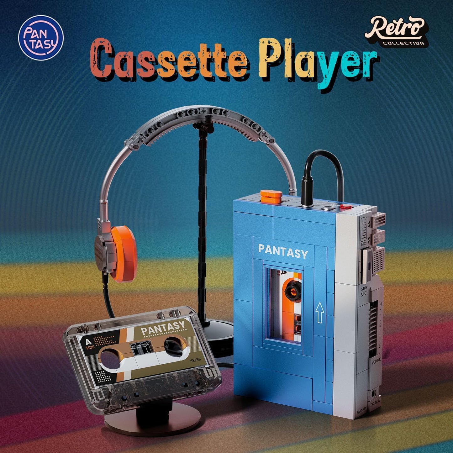 PANTASY Retro Cassette Player Building Set – Interchangeable Tapes, Headphones & Collectible Display