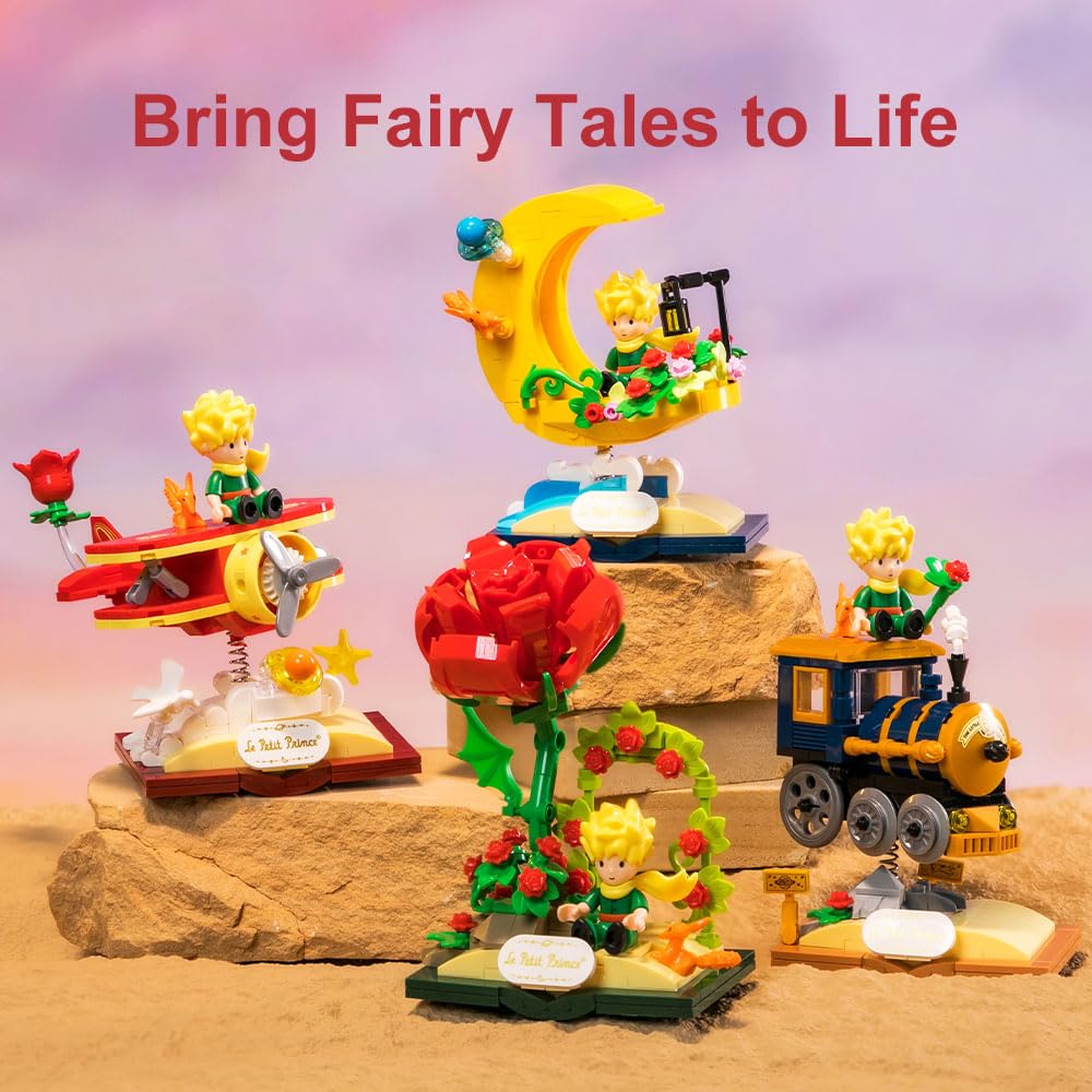 PANTASY Le Petit Prince Building Block Set – Rose, Train, Moon & Airplane Figures