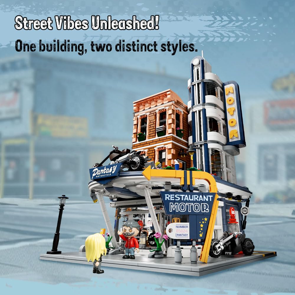 PANTASY Retro Motorcycle Diner & Bar Building Set – 4-Story Modular Corner with 4 Motorcycles & 5 Minifigures