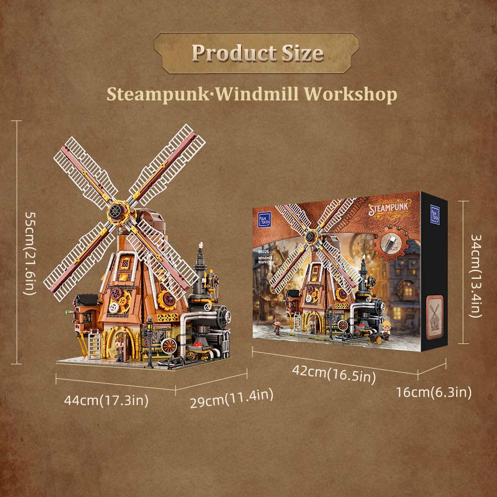 PANTASY Steampunk Windmill Workshop Building Set – Dutch Windmill with Motorized Blades