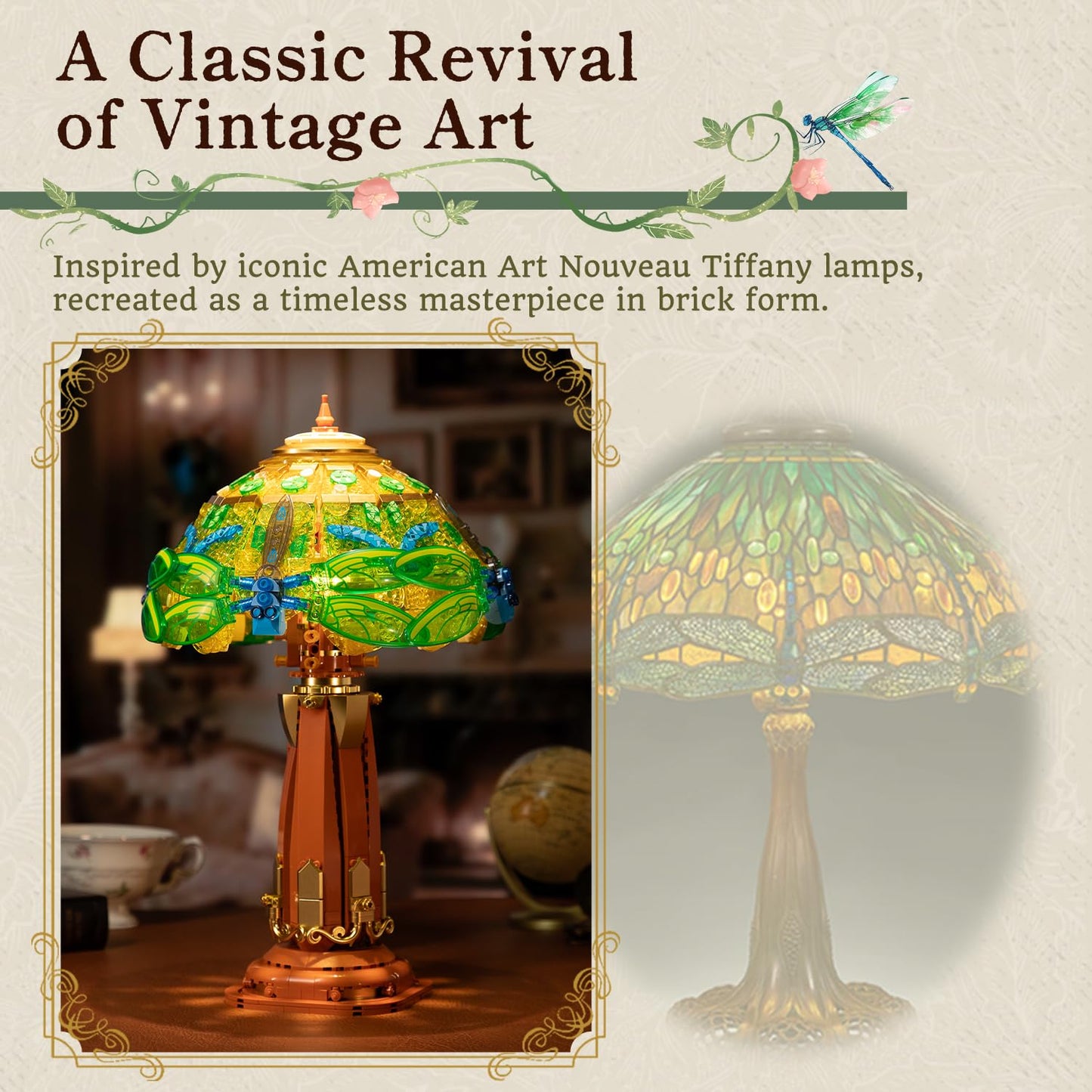 Pantasy Vintage-Style Dragonfly Floral Table Lamp | Stained Glass Build, USB-C