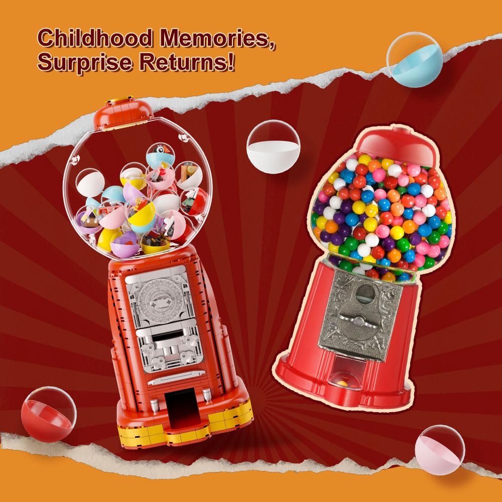 PANTASY Retro Gumball Machine Building Block Set – 12 Micro Blocks & 12 Lucky Notes