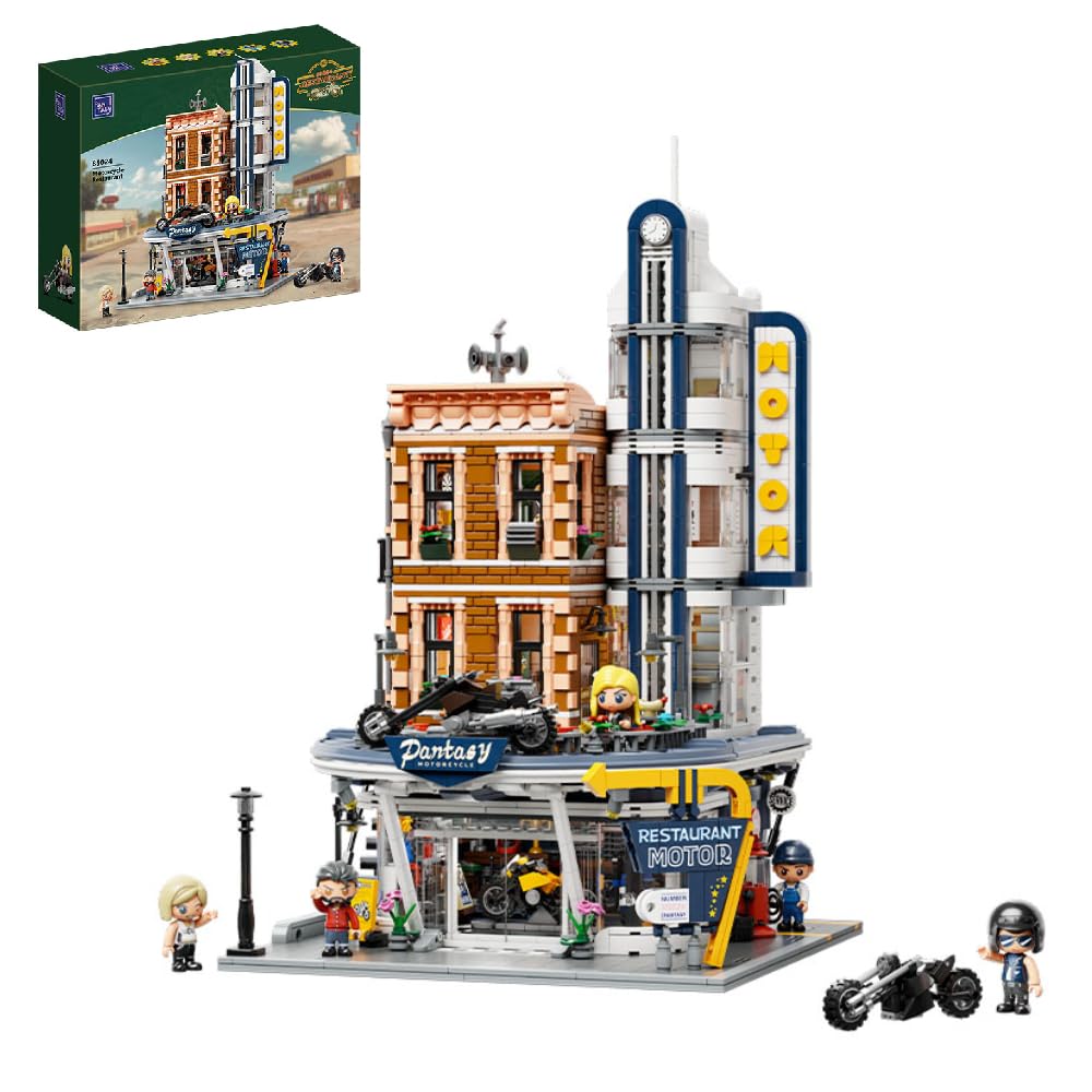 PANTASY Retro Motorcycle Diner & Bar Building Set – 4-Story Modular Corner with 4 Motorcycles & 5 Minifigures