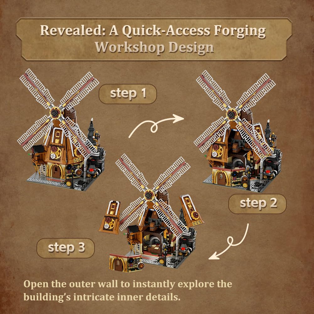 PANTASY Steampunk Windmill Workshop Building Set – Dutch Windmill with Motorized Blades