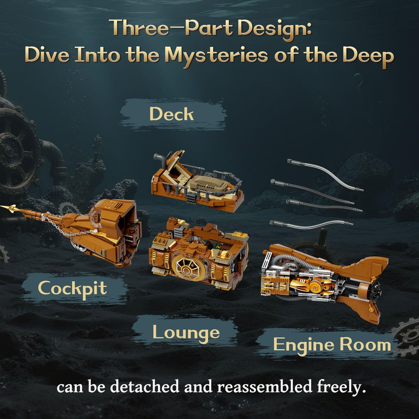 Pantasy Steampunk Nautilus Submarine Building Set | Modular 3-Section Design for Adults