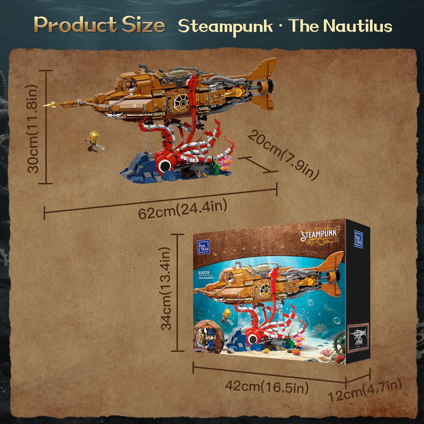 Pantasy Steampunk Nautilus Submarine Building Set | Modular 3-Section Design for Adults