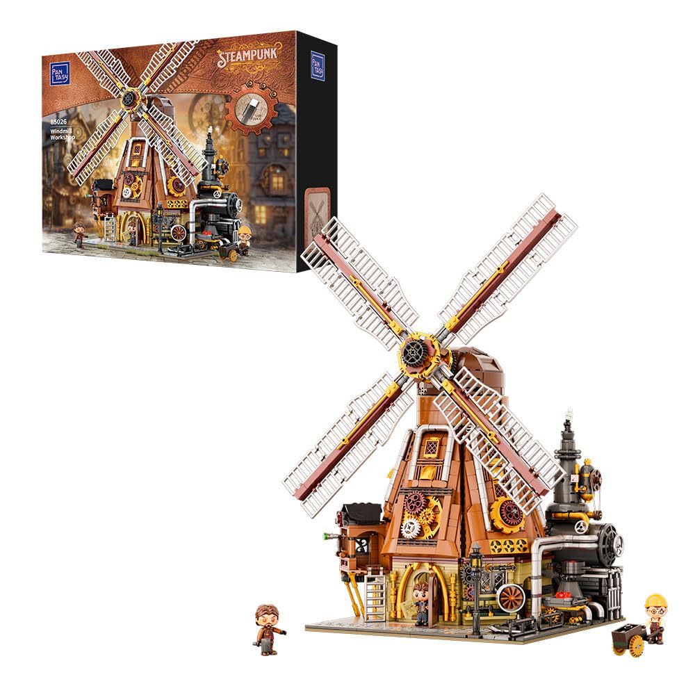PANTASY Steampunk Windmill Workshop Building Set – Dutch Windmill with Motorized Blades